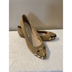 ROWEN Tan Suede‎ Ballet Flats Gold Toe Caps Sz 7.5 M EUC
